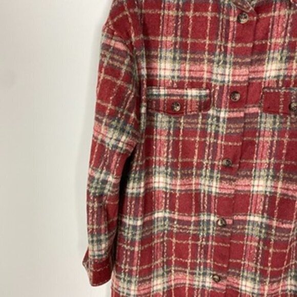 Simplee Plaid Flannel Long Shacket Red Womens Medium Button Front - Picture 6 of 7